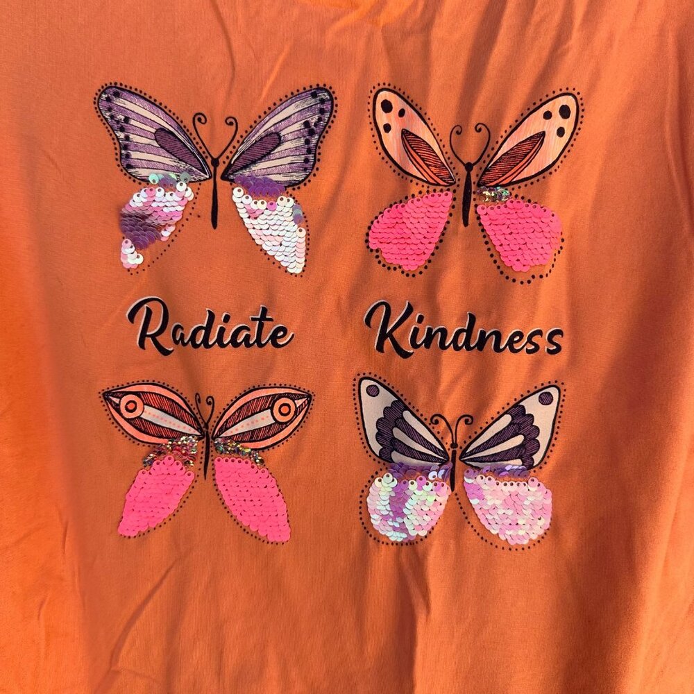 Belle Du Jour Girls Peach Tee Radiate Kindness Butterfly Design Sequin Accents S - Picture 5 of 13